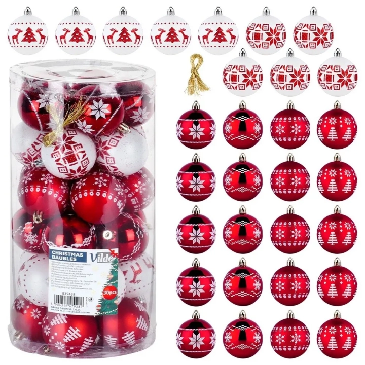 Bombki choinkowe nietłukące czerwone białe 6 cm 30 szt.