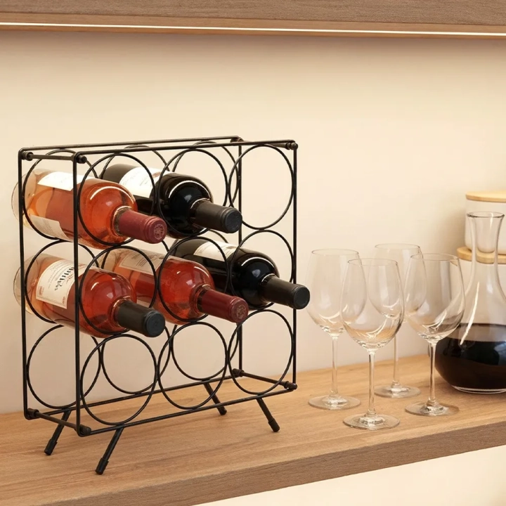 Stojak na wino metalowy czarny 9 butelek