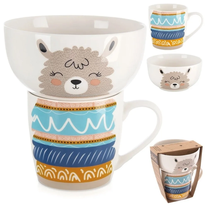 Kubek z miseczką dla dziecka porcelanowy lama 2 el.