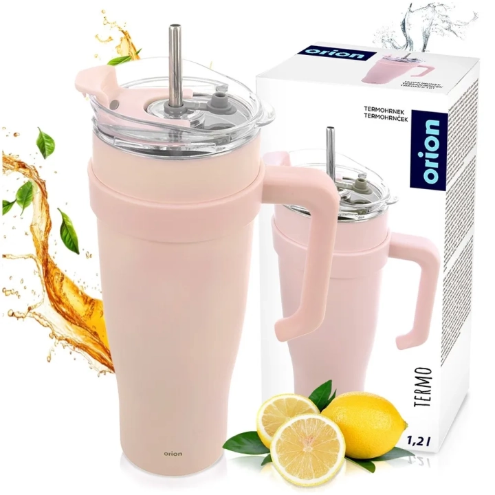 Kubek termiczny stalowy różowy z uchwytem TERMO 1,2 l