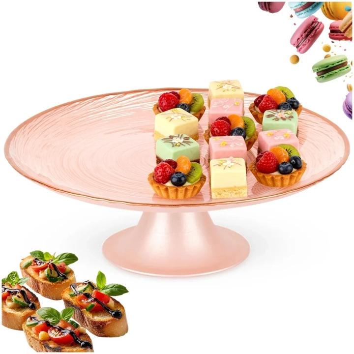 Patera na tort na nóżce szklana różowa 21 cm
