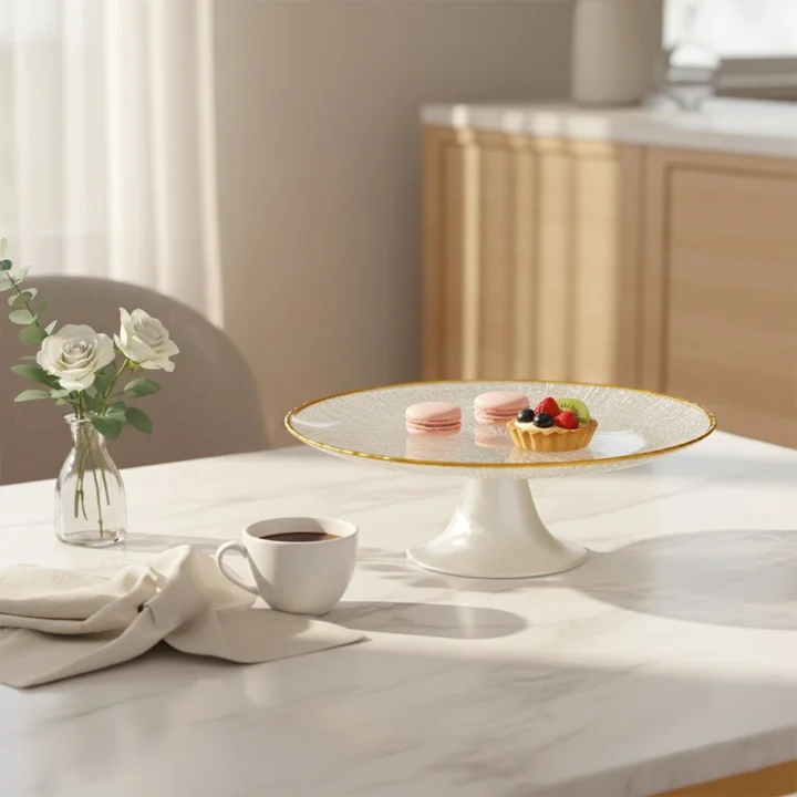 Patera na tort na nóżce szklana biała złota 21 cm