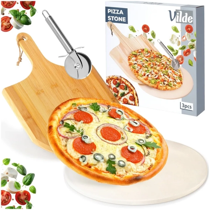 Kamień do pizzy szamotowy z łopatą i nożem 3 el.