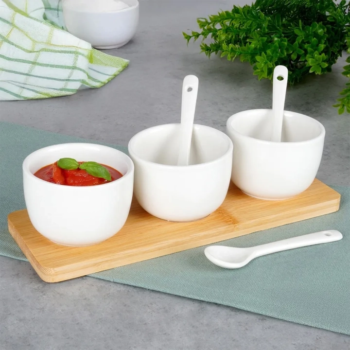 Miseczki na przekąski z łyżeczkami ceramiczne białe 90 ml 7 el.