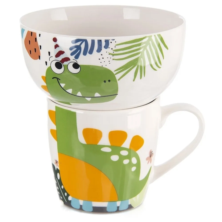 Kubek z miseczką dla dziecka porcelanowy dinozaur 2 el.