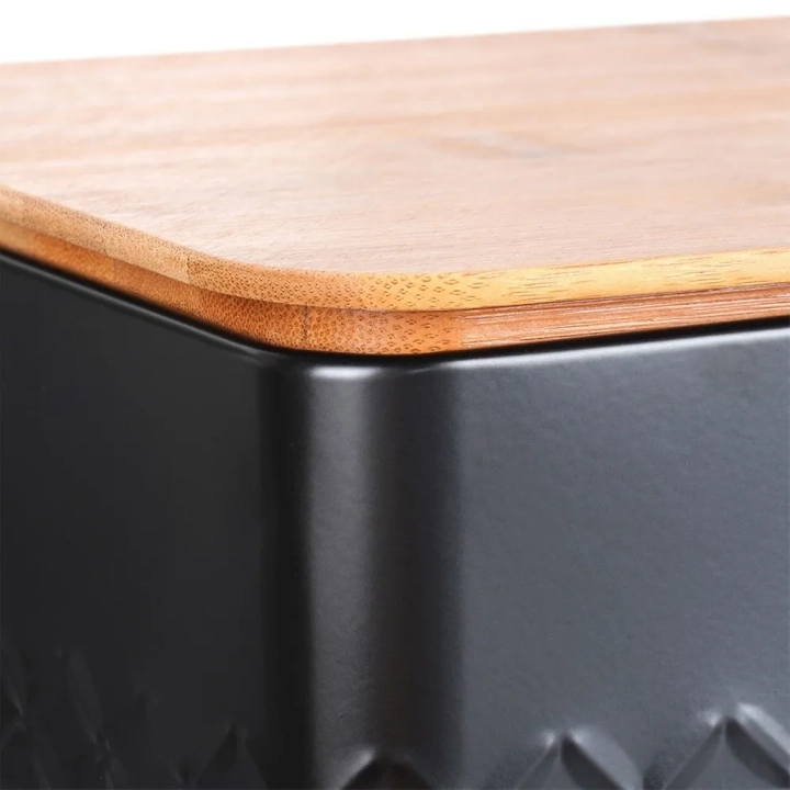 Chlebak metalowy z deską drewnianą czarny 33,5x18,5x12,5 cm