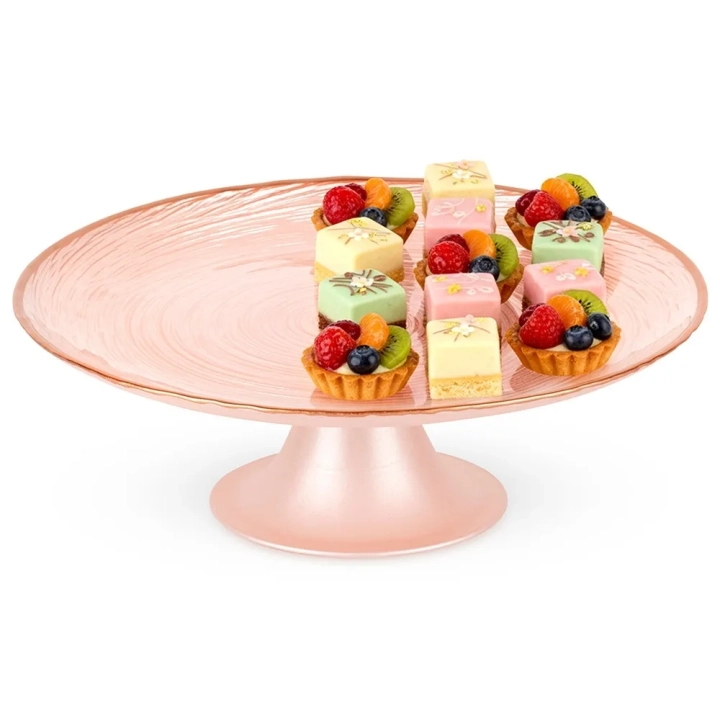 Patera na tort na nóżce szklana różowa 21 cm