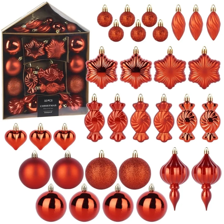 Bombki choinkowe nietłukące czerwone 3-11,5 cm 32 szt.