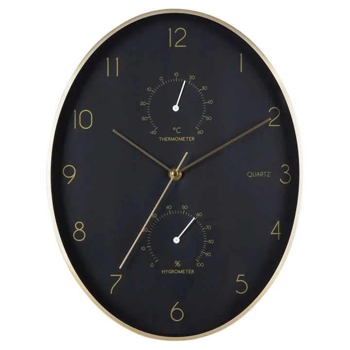 Zegar ścienny czarny złoty z termometrem higrometrem 27x34,5 cm