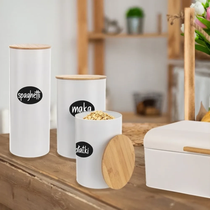 Pojemnik na żywność metalowy biały z bambusową pokrywką WHITELINE 800 ml