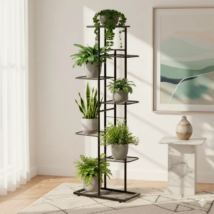 Kwietnik metalowy czarny 7-poziomowy 126 cm