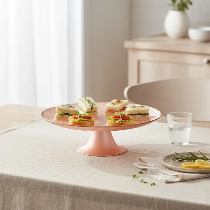 Patera na tort na nóżce szklana różowa 21 cm