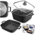 Garnek granitowy ze szklaną pokrywką patelnią grillową koszyczkiem GRANDE 2+4 l 4 el.