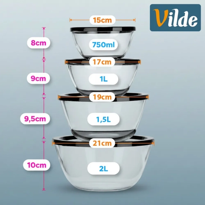 Miska szklana z pokrywką 750 ml / 1 l / 1,5 l / 2 l 4 szt.