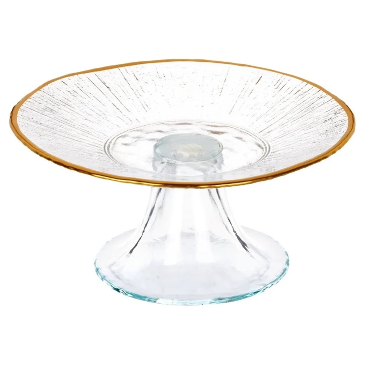 Patera na tort szklana na nóżce złota 15,5 cm