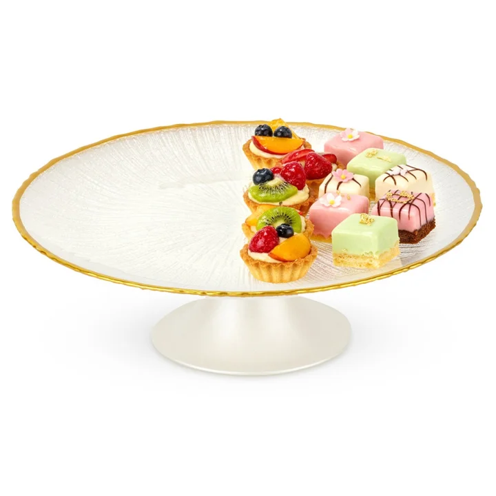 Patera na tort na nóżce szklana biała złota 21 cm
