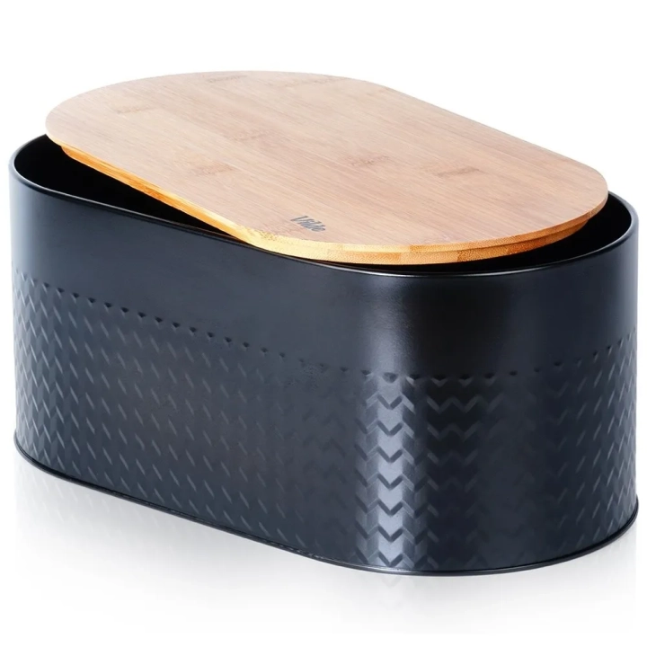 Chlebak stalowy z deską drewnianą czarny 34x18,5x15,5 cm