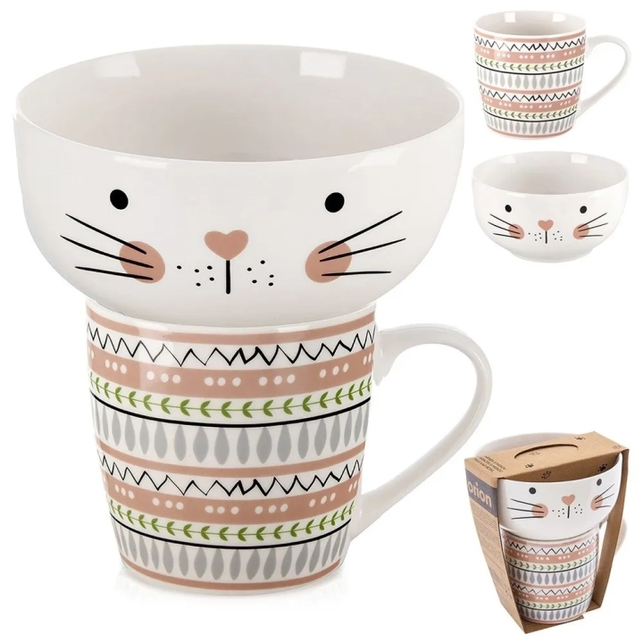 Kubek z miseczką dla dziecka porcelanowy kot 2 el.