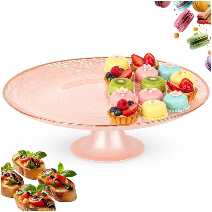 Patera na tort na nóżce szklana różowa 28 cm