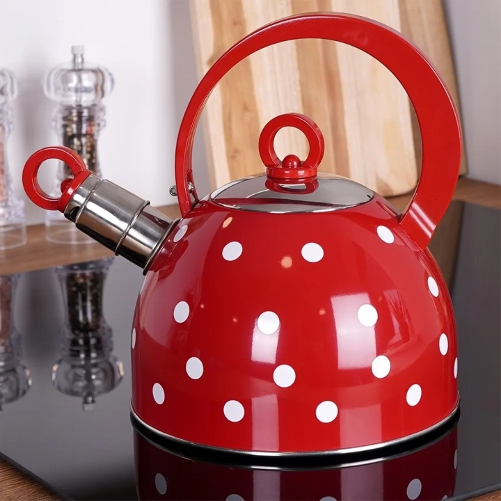 Czajnik z gwizdkiem stalowy czerwony w grochy 1,5 l