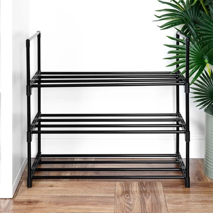 Regał na buty metalowy czarny 3-poziomowy 57x28x55 cm