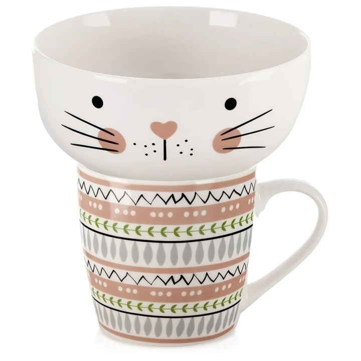 Kubek z miseczką dla dziecka porcelanowy kot 2 el.