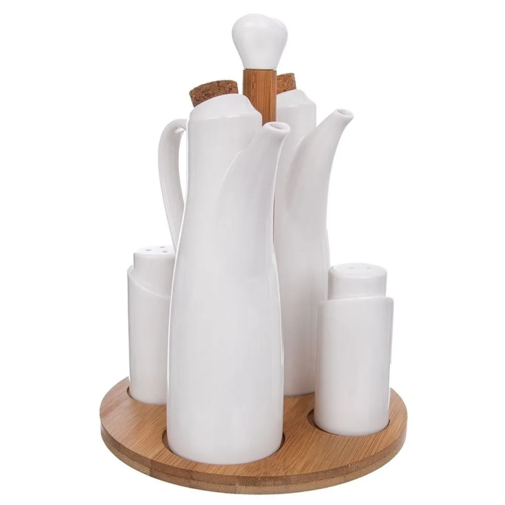 Solniczka, pieprzniczka, butelki na olej i ocet porcelanowa ze stojakiem WHITELINE 5 el.