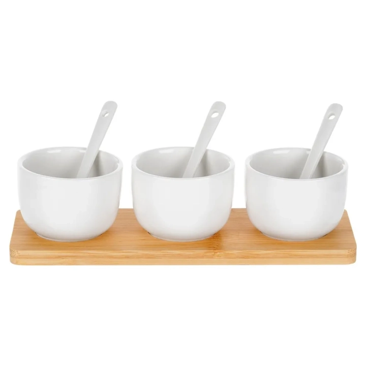 Miseczki na przekąski z łyżeczkami ceramiczne białe 90 ml 7 el.