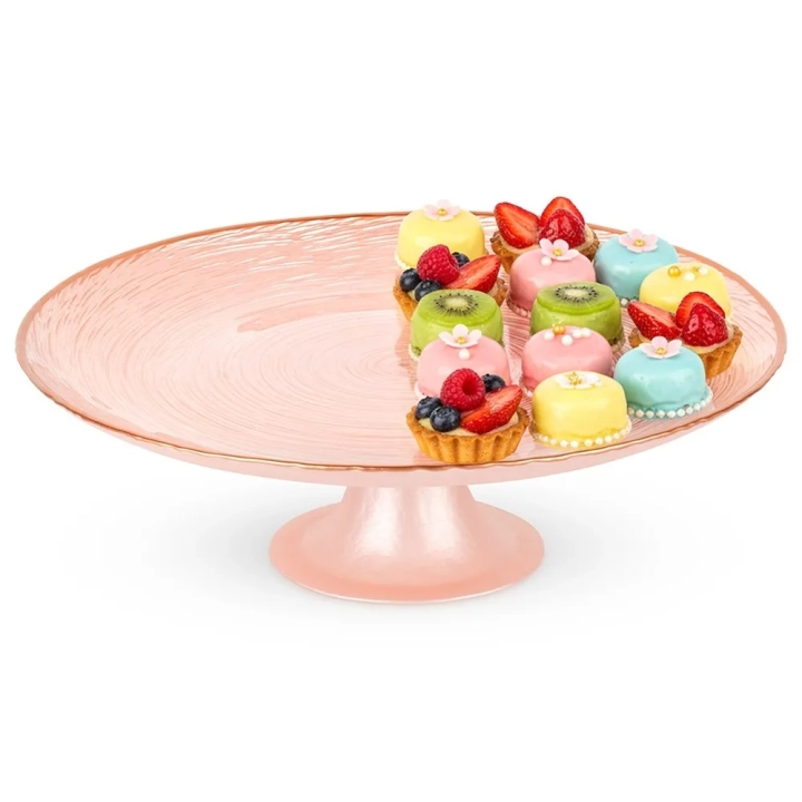 Patera na tort na nóżce szklana różowa 28 cm
