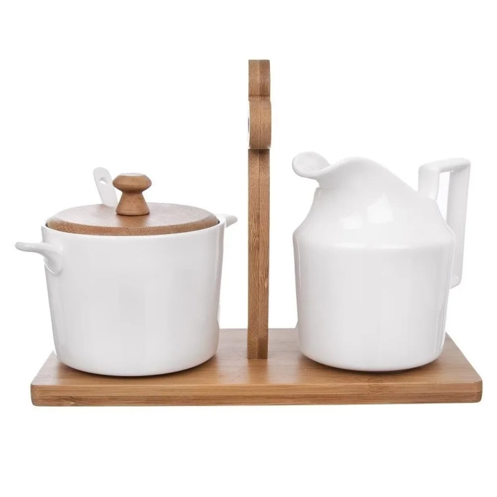 Cukierniczka i mlecznik porcelanowe białe w stojaku WHITELINE 2x 280 ml 3 el.