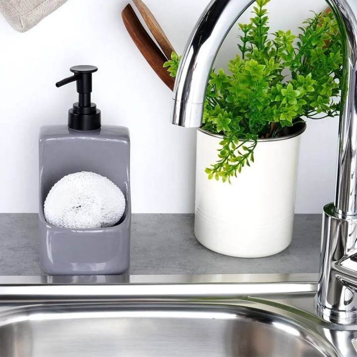 Dozownik płynu do naczyń z pojemnikiem na gąbkę i z gąbką ceramiczny szary 400 ml