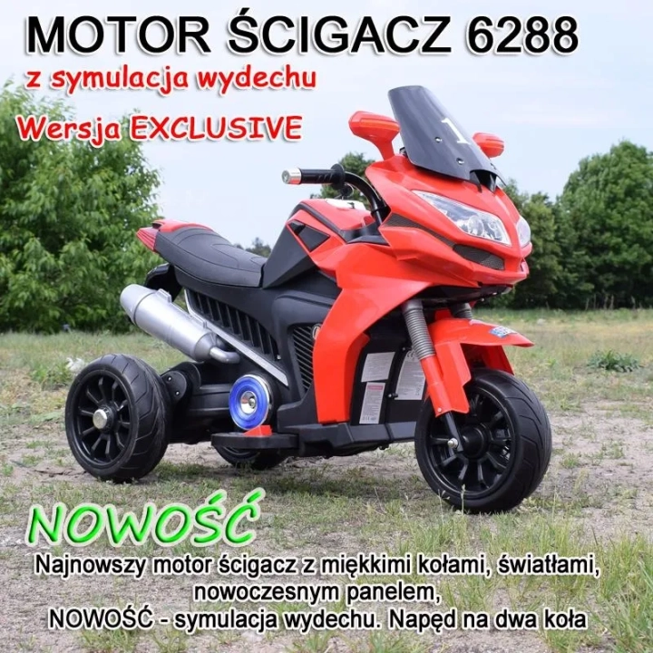 DUŻY MOTOR ŚCIGACZ Z SYMULACJĄ WYDECHU, MIĘKKIE KOŁA STRONG 2 EXCLUSIVE/6288A