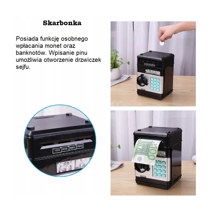 CZERWONY SEJF SKARBONKA MONETY BANKNOTY WPŁATOMAT