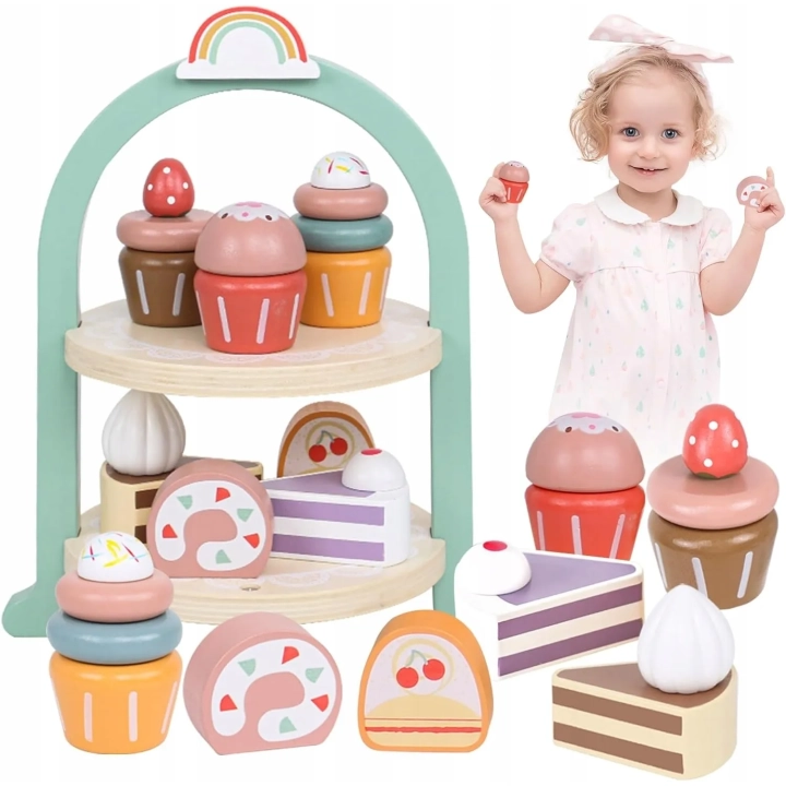 DREWNIANY ZESTAW MAŁEGO CUKIERNIKA PATERA NA CIASTA STOJAK NA MUFFINKI