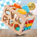 DREWNIANY SORTER KLOCKÓW ELASTYCZNA KOSTKA SENSORYCZNA MONTESSORI GUMKI 12 KLOCKÓW