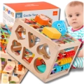 DREWNIANY SORTER KLOCKÓW ELASTYCZNA KOSTKA SENSORYCZNA MONTESSORI GUMKI 12 KLOCKÓW