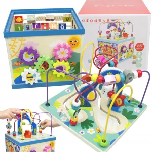 DREWNIANY SORTER KOSTKA EDUKACYJNA Z LABIRYNTEM ALFABET MONTESSORI SKRZYNKA