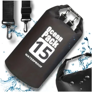 WOREK WODOODPORNY WODOSZCZELNY KAJAK TORBA PLECAK TURYSTYCZNY 15L CZARNY