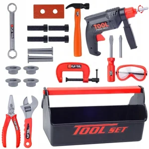 ZESTAW WARSZTATOWY NARZĘDZIA W SKRZYNCE WIERTARKA OKULARY KLUCZ MIARKA
