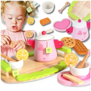 DREWNIANY SERWIS DO HERBATY DLA DZIECI DUŻY ZESTAW DO KREATYWNEJ ZABAWY