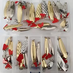 Zestaw 36 szt obrotówki wahadłówki na drapieżnika w pudełku przynęty wędkarskie metalowe do spinningu
