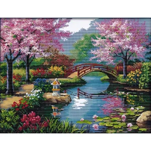 Zestaw do haftu krzyżykowego Sakura 50x40 cm pełny zestaw z niciami, igłami i wzorem kwitnącej wiśni do haftowania