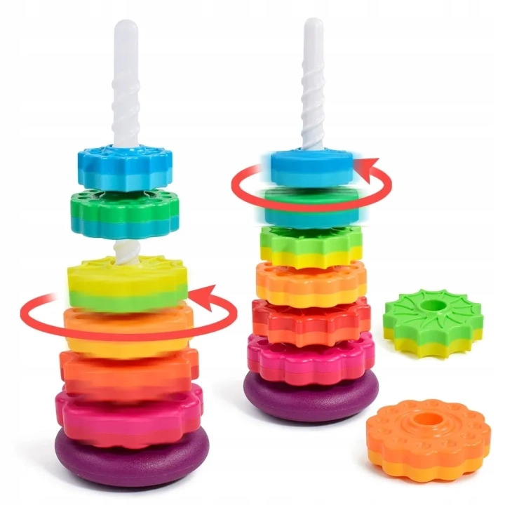 TĘCZOWA PIRAMIDKA UKŁADANKA WIEŻA ZABAWKA EDUKACYJNA ZAKRĘCONA SPIRALA 41cm