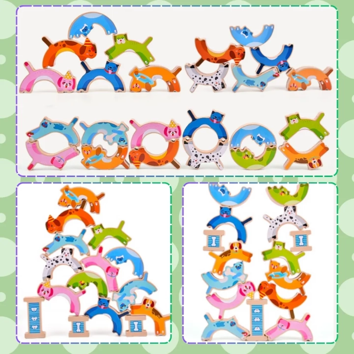 BALANSUJĄCE PSY DREWNIANE GRA ZRĘCZNOŚCIOWA WIEŻA PUZZLE JHTOY-637