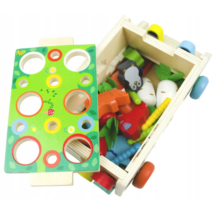 DREWNIANY SORTER KLOCKÓW MONTESSORII ZŁAP ROBACZKA SORTER AUTO Z WARZYWAMI