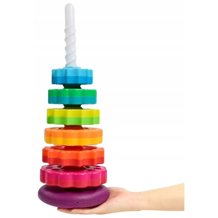 TĘCZOWA PIRAMIDKA UKŁADANKA WIEŻA ZABAWKA EDUKACYJNA ZAKRĘCONA SPIRALA 41cm