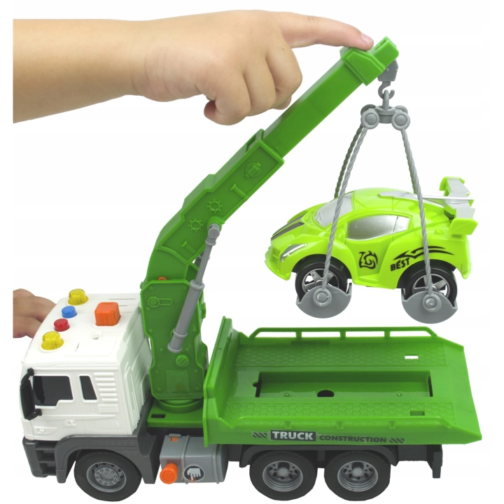 POMOC DROGOWA ZIELONA LAWETA 1:16 HOLOWNIK SAMOCHÓD ŚWIATŁA DŹWIĘK + AUTO