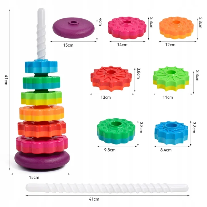 ZAKRĘCONA PIRAMIDA TĘCZOWA WIEŻA ZABAWKA MONTESSORI KOLOROWA SPIRALA 41CM