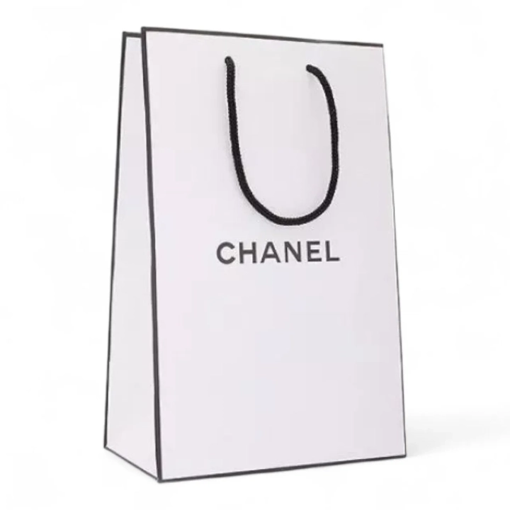 Zestaw torba i pudełko Chanel biały 145x145mm z czarnym sznurkowym uchwytem