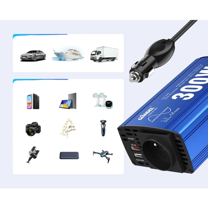 Adapter samochodowy GIANDEL PS-300C, 2x USB 4.8A, AC przetwornica napięcia z gniazdem sieciowym
